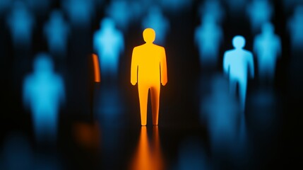 Glowing orange human figure stands among blurred figures emphasizing leadership in dark setting with blue and orange tones