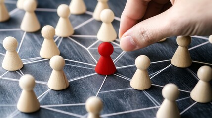 Obraz premium Choosing a red person icon from a network of wooden pawns connected by strings in a human resources setting at a workplace