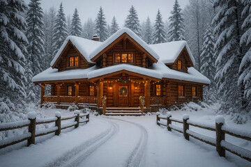 Cozy wooden cabin in a snowy winter forest with warm indoor light