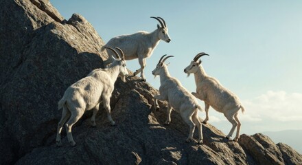 Goats climb steep rocky peak