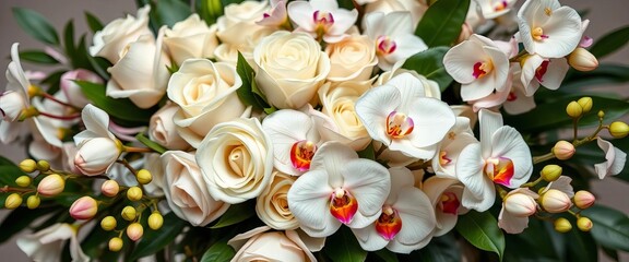 Opulent ivory roses & cascading orchids, lush greenery, romantic, table decor