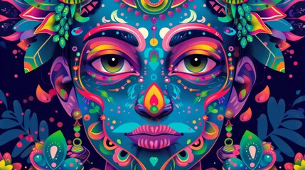 This image features a highly stylized and symmetrical portrait of a face adorned with bright, neon colors and intricate patterns. The subject's face is at the center, surrounded by an array of shapes