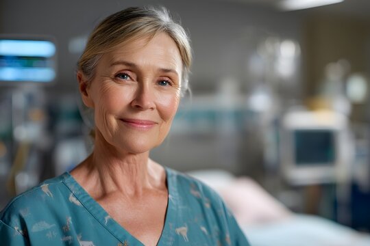 Portrait of a confident senior female nurse or doctor in a modern hospital setting, wearing medical scrubs, smiling with arms crossed, professional healthcare environment. - Powered by Adobe