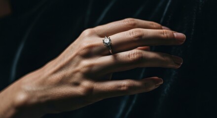 Hand with ornate ring on dark fabric
