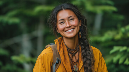 Smiling Woman in Hiking Outfit with Braided Hair Embraces Adventure Spirit in Nature Setting - Outdoor Portrait Capturing Positive Vibes and Vibrant Colors