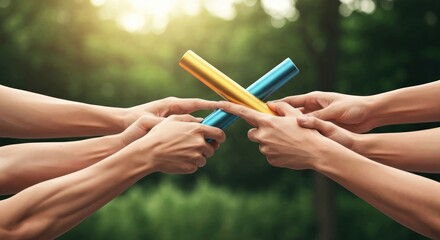 Hands exchange batons, nature bokeh background