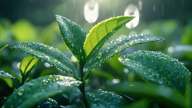 Rain-Kissed Tea Leaves: Lush tea leaves, glistening with raindrops, thrive in a sun-dappled setting, showcasing the purity of nature's essence.