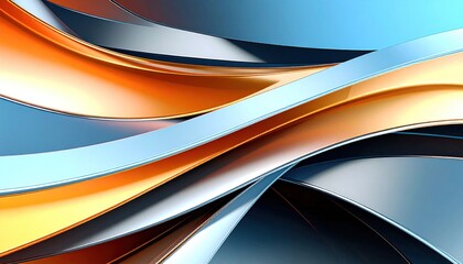 Abstract waves of orange, blue, and silver create a dynamic background.