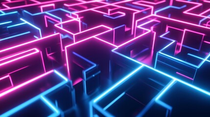 Intricate abstract 3D maze design with glowing lines and tubes in neon pink and blue colors set against a clean background in a modern tech style