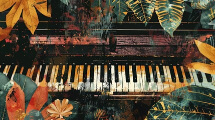 This image features a digitally altered artistic representation of a piano keyboard with an overlap of various textured and colorful leaves, possibly symbolizing the harmony between music and nature.