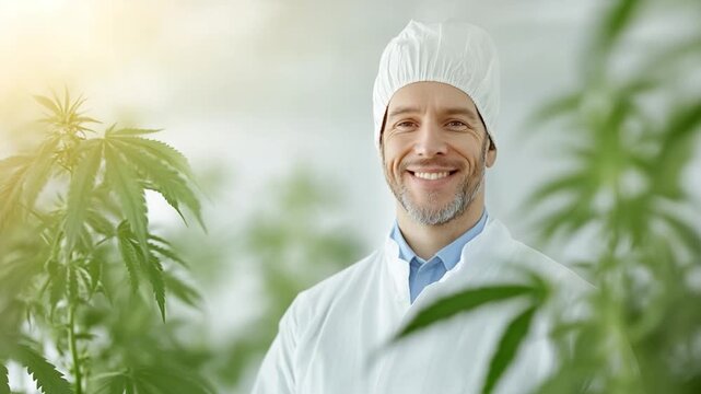 The Botanist's Oasis: A smiling botanist stands amid thriving plants in a bright, modern setting, the essence of natural well-being captured in his eyes, emphasizing cultivation and expertise.