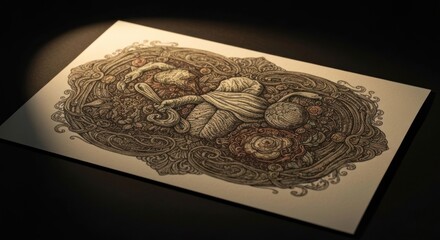 Ink drawing rabbit, flowers, on white paper