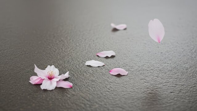A pink cherry blossom and scattered petals lie on a rough gray surface One petal floats above