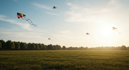 Kites fly over field under sunny sky