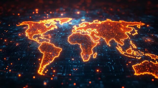 Global Network: A digitally rendered world map glows with an intricate network of interconnected data points, evoking the dynamism of our interconnected world, symbolizing connectivity and technology.