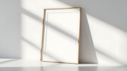 A wooden framed blank picture standing on a white surface with shadows cast by sunlight in a minimalist white room