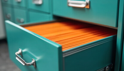 Close up view of office filing cabinet drawer with neatly arranged files.