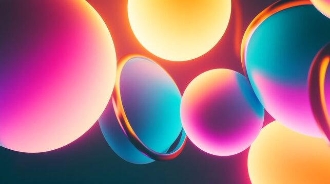 Floating rings and spheres create a colorful abstract scene with glowing effects and soft shadows in a modern digital style - Powered by Adobe