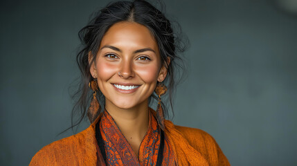 Vibrant Modern Portrait: Smiling Woman in Ethnic Clothing and Bohemian Style