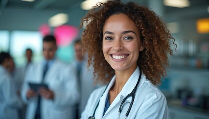 Young female doctor smiles warmly in medical lab. Diverse colleagues work behind her. She wears a stethoscope and lab coat, conveying competence and approachability in modern healthcare.