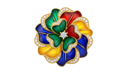 Luxury colorful enamel flower jewelry brooch pin with gold and sparkling diamonds isolated PNG with Transparent Background