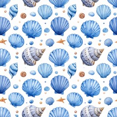  seamless pattern of hand drawn seashells, starfish, and bubbles in soft blue and orange tones. Perfect for coastal themed designs, beach decor, and summer projects.