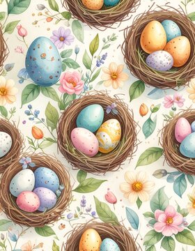 A cute seamless pattern featuring Easter nests with colorful eggs and vibrant flowers. The soft pastel tones and spring elements create a cheerful and festive atmosphere.