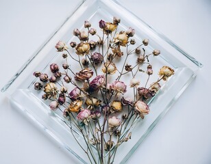 Transparent Frame with Dried Flowers Inside, Isolated Botanical Display Showcasing Natural Preservation, Minimal Aesthetic, and Elegant Floral Decor Concept