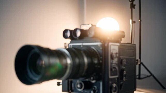 Medium format film camera on a professional studio setting with bright lighting equipment.