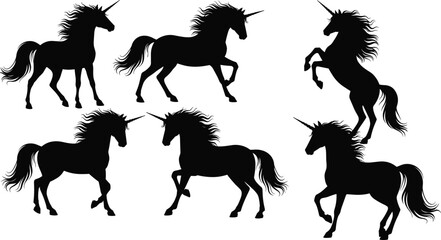 Majestic unicorn silhouette vector set, black mythical horse poses, fantasy creature illustration, elegant mane, magical horn, rearing, standing, galloping, leaping © MdMeherul