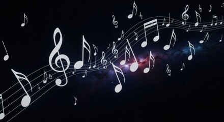 Music notes float across a cosmic backdrop