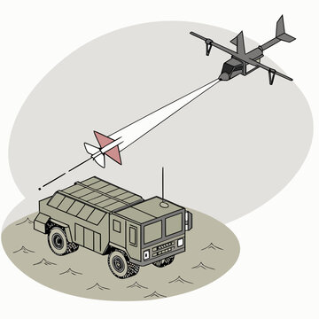 Military vehicle launching missile at drone interception