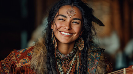 Smiling Bohemian Woman Embraces Ethnic Tradition with Vibrant Accessories &ndash; Capturing Happiness, Cultural Elegance, and Whimsical Spirituality in a Warm, Creative Portrait