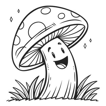Cute Whimsical Mushroom Black and White Vector Illustration