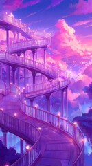 Whimsical Sky Bridge: A captivating image showcases a majestic sky bridge, its graceful curves and ethereal design set against a backdrop of breathtaking cotton candy clouds.