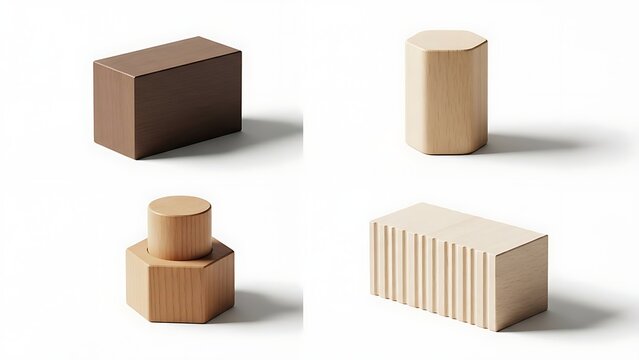 Four wooden geometric shapes on white background  cube cylinder hexagonal prism