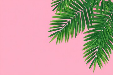 Minimal Pink Background with Tropical Palm Leaves in Corner and Copy Space