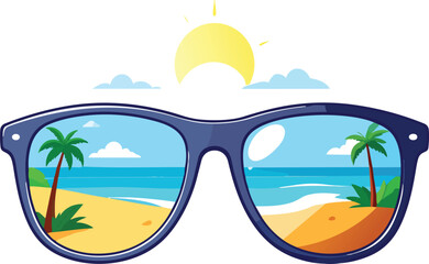 Stylish Sunglasses Reflecting a Sunny Beach Scene, Summer Vacation Vibes, Coastal Relaxation, and Travel Lifestyle Concept