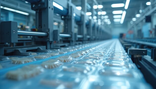 Automated packaging line processes food items in clear plastic trays. Machines wrap products on conveyor belt in bright factory setting. Food production and modern industrial automation are evident.
