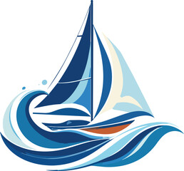 Sailing Boat Surrounded by Dynamic Stylized Wave Shapes, Modern Nautical Motion Concept Illustration for Travel and Marine Design