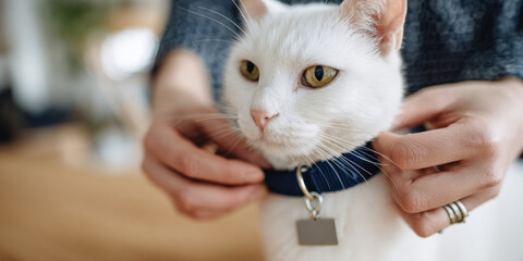 Close-up of a white cat wearing a blue collar with a tag being adjusted by human hands indoors