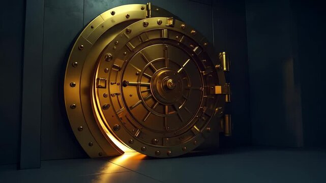 Open gold bank vault door with bright light shining from inside, security concept.