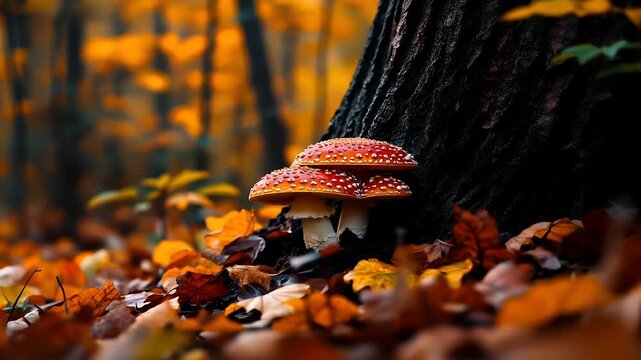 Spring booming. Life. New hope. Season. Amanita muscaria mushrooms in autumn forest settingAmanitou mushrooms with vibrant red caps and white spots.