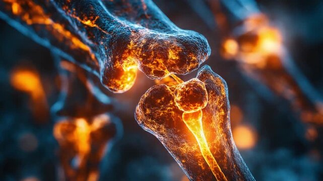 Skeleton's Spark: a highly detailed image of a bone joint, illuminated with vibrant, warm light, creating a sense of scientific exploration and biological intricacy.