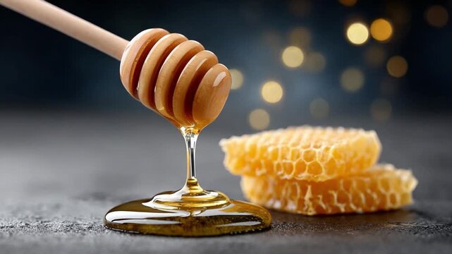 Golden Nectar: A close-up shot of a honey dipper dripping sweet, golden honey onto a surface, alongside pristine honeycombs, suggesting natural sweetness and raw goodness.