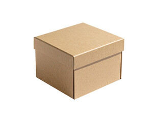 A small, closed, square, brown cardboard box, lid slightly ajar, on a black background