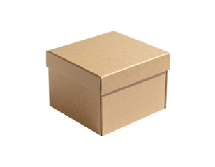 A small, closed, square, brown cardboard box, lid slightly ajar, on a black background