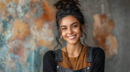 Smiling Young Woman in Casual Urban Background with Creative Style | Fashion Model in Modern Bohemian Outfit and Natural Beauty