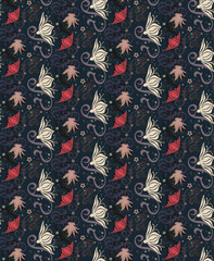 Fantastic flowers and leaves on a dark blue background create a seamless vector pattern.