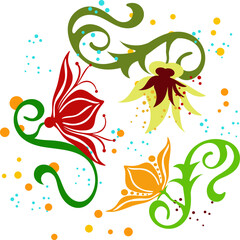 Bright vector flowers, colored dots, stylized stems and leaves.